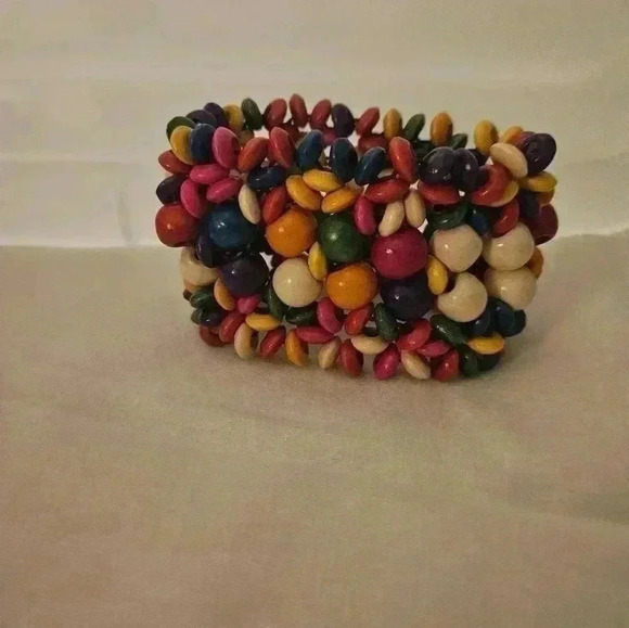 White, multicolored wooden slip on bracelet. Wide ban - Picture 5 of 5